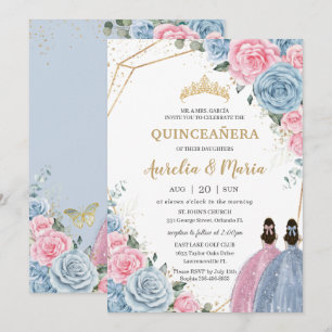 Quinceañera Baby blue Rosa Blommigt Ro Twillingar Inbjudningar