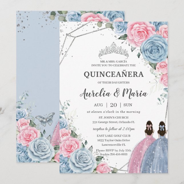 Quinceañera Baby blue Rosa Blommigt Twillingar Sil Inbjudningar (Fram/baksida)