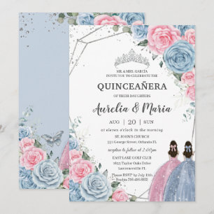 Quinceañera Baby blue Rosa Blommigt Twillingar Sil Inbjudningar