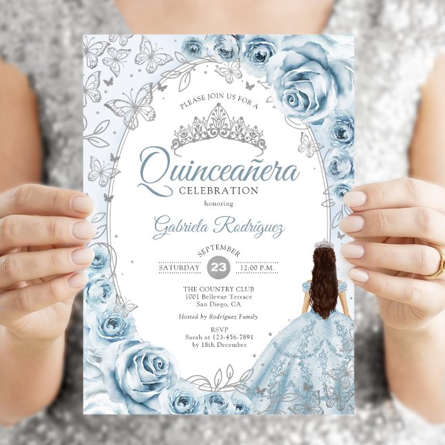 Quinceanera Baby Blue Silver Blommig Inbjudningar (Skapare uppladdad)