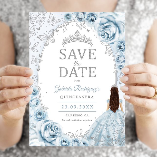 Quinceanera Baby Blue Silver Blommig Spara Datumet (Skapare uppladdad)