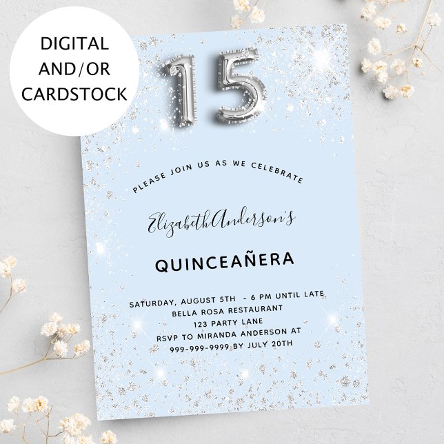 Quinceanera baby blue silver glitter inbjudningar (Skapare uppladdad)