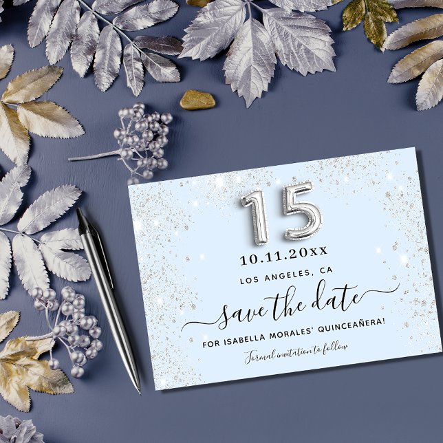 Quinceanera baby blue silver sparar datumet anteckningskort (Skapare uppladdad)