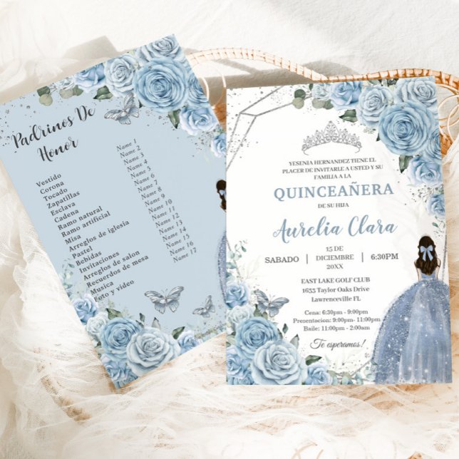 Quinceañera Baby Soft Blue Blommigt 15 Años Padrin Inbjudningar (baby blue roses floral silver Quinceañera Spanish xv 15 invitation card with Padrinos de Honor list )