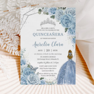 Quinceañera Baby Soft Blue Blommigt Princess 15 16 Inbjudningar