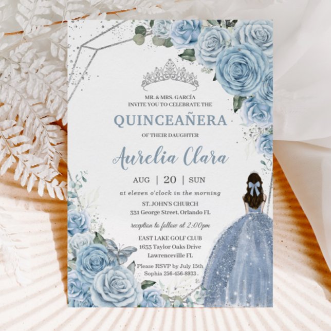 Quinceañera Baby Soft Blue Blommigt Princess 15 Añ Inbjudningar (Skapare uppladdad)