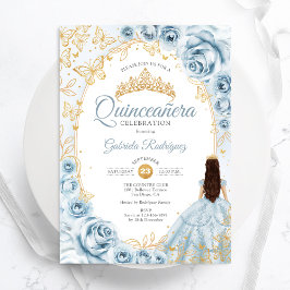 Quinceanera Babyblå Guld Blommig Inbjudningar