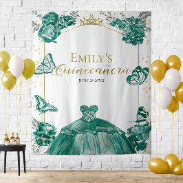 Quinceanera BackDrop Emerald Grönt Dress Blommigt