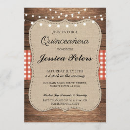 Quinceanera BBQ Party Red Check Rustic Wood Inbjud Inbjudningar