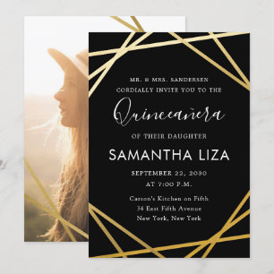 Quinceañera Birthday Black Guld Modern Photo Inbjudningar