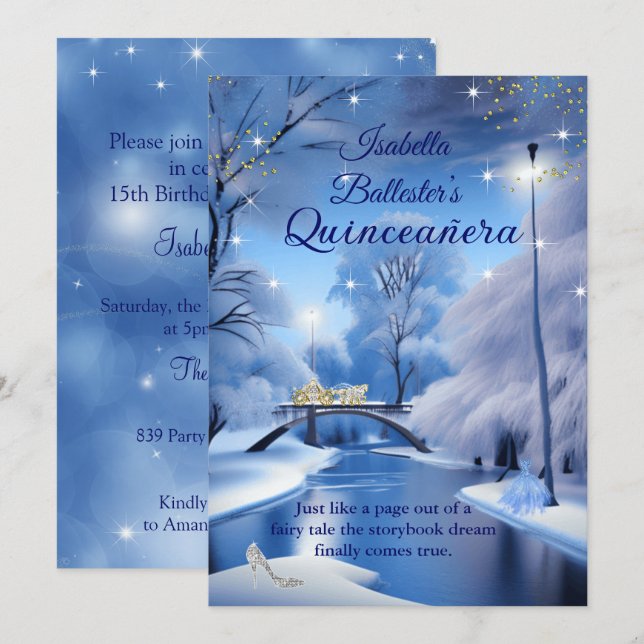 Quinceanera Birthday Blue Fairytale Carriage Dress Inbjudningar (Fram/baksida)