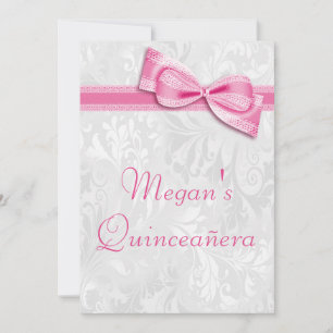 Quinceañera Birthday Damask och Rosa Faux Bow Inbjudningar