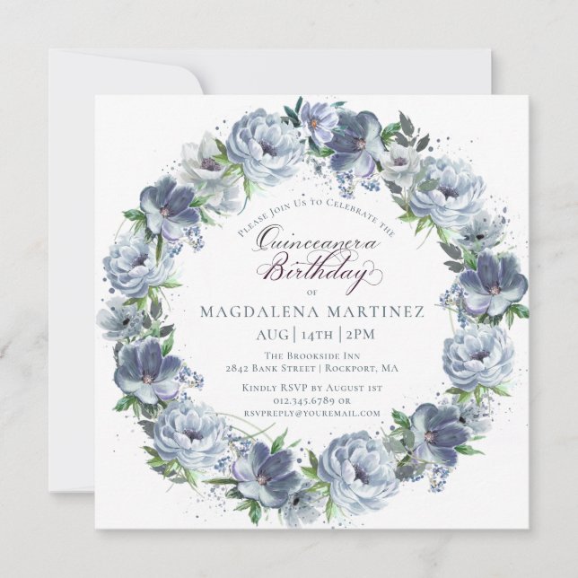 Quinceanera Birthday Dusty Blue Flower Wandan Inbjudningar (Framsida)