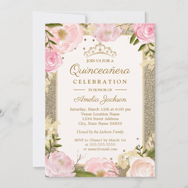 Quinceanera Birthday Gnistra Rosa Blommigt card Gu Inbjudningar (Framsida)