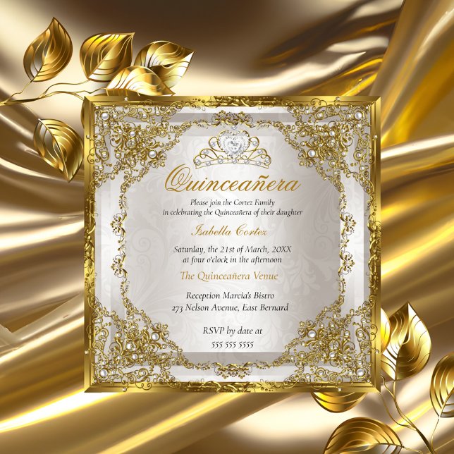 Quinceanera Birthday Guld Beige Pearl Damask Inbjudningar (Skapare uppladdad)