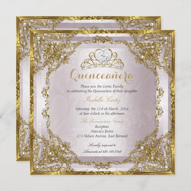 Quinceanera Birthday Guld Pearl Rosa Damask Inbjudningar (Fram/baksida)