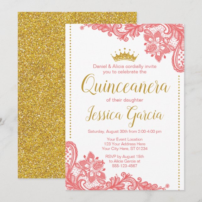 Quinceañera Birthday-inbjudan | Coral & Guld Inbjudningar (Fram/baksida)