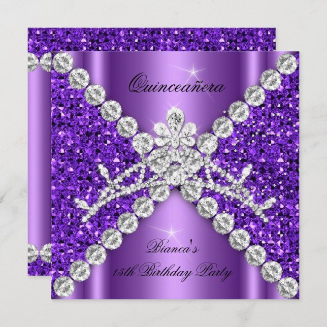 Quinceanera Birthday Lila Glitter Diamonds Tiara Inbjudningar (Fram/baksida)