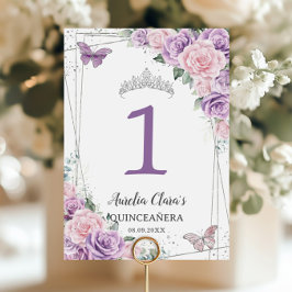 Quinceañera Birthday Lila Lilac Blek Rosa Blommigt Bordsnummer