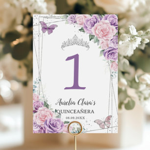 Quinceañera Birthday Lila Lilac Blek Rosa Blommigt Bordsnummer