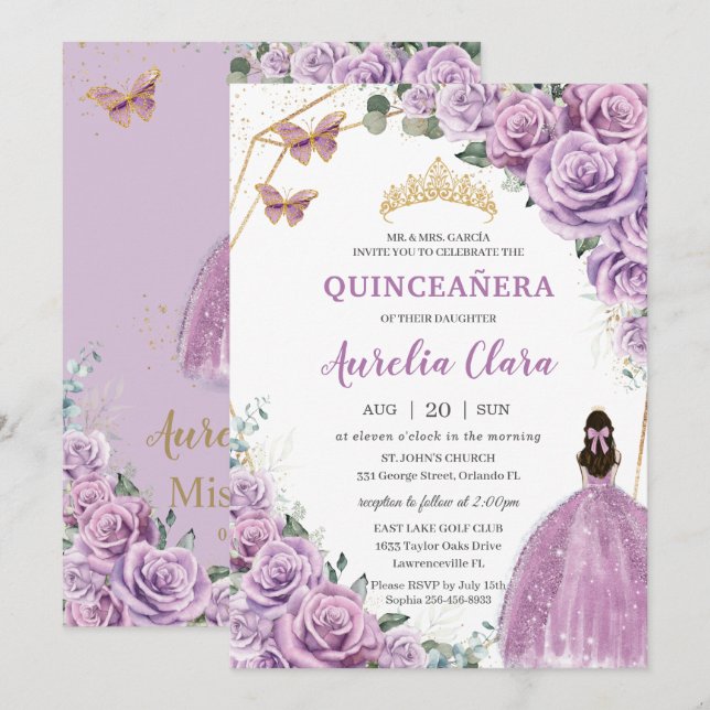 Quinceañera Birthday Lila Lilac Blommigt Princess Inbjudningar (Fram/baksida)