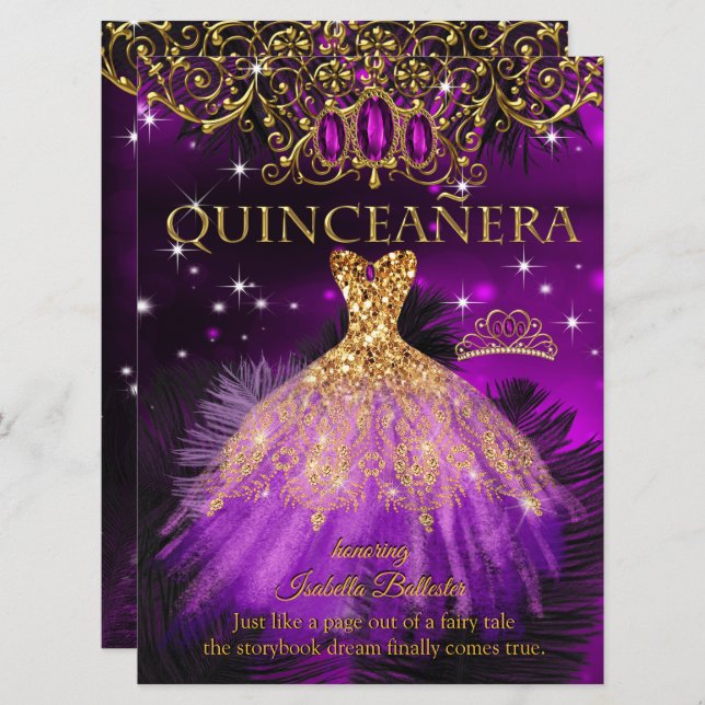 Quinceanera Birthday Lila Magenta Tiara Guld 2 Inbjudningar (Fram/baksida)