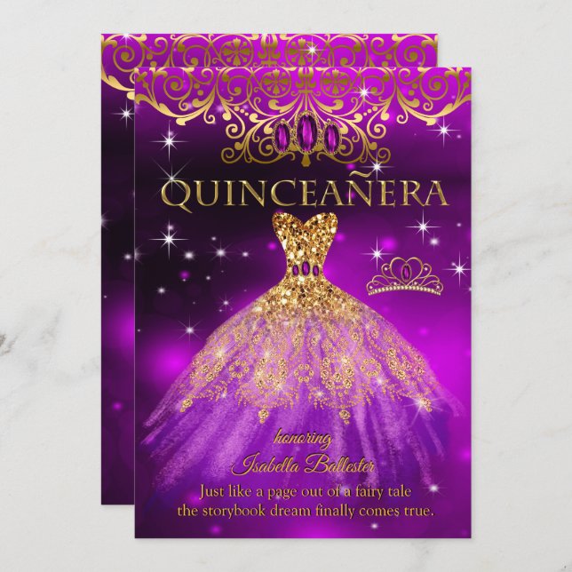 Quinceanera Birthday Lila Magenta Tiara Guld Inbjudningar (Fram/baksida)