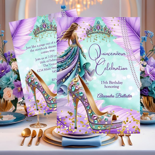 Quinceanera Birthday Lilac Teal Tiara Gold Heel Inbjudningar (Skapare uppladdad)