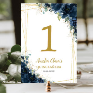 Quinceañera Birthday Navy Blue Blommigt Guld Bordsnummer