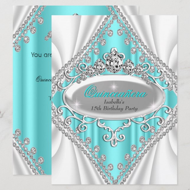 Quinceanera Birthday Princess Teal Diamond Large Inbjudningar (Fram/baksida)