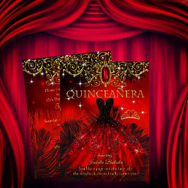 Quinceanera Birthday Red Black Feathers Tiara Guld Inbjudningar