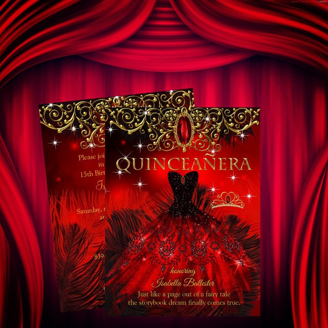 Quinceanera Birthday Red Black Feathers Tiara Guld Inbjudningar (Skapare uppladdad)