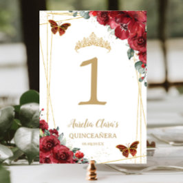 Quinceañera Birthday Red Blommigt Guld Butterflies Bordsnummer