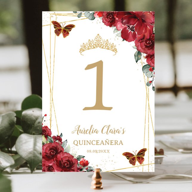 Quinceañera Birthday Red Blommigt Guld Butterflies Bordsnummer (Skapare uppladdad)