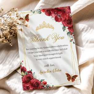 Quinceañera Birthday Red Blommigt Guld Butterflies Tack Kort