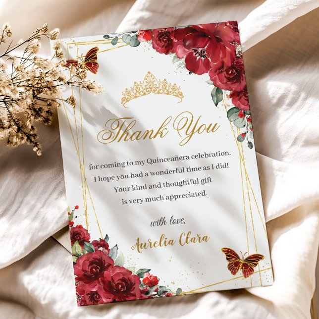 Quinceañera Birthday Red Blommigt Guld Butterflies Tack Kort (Skapare uppladdad)