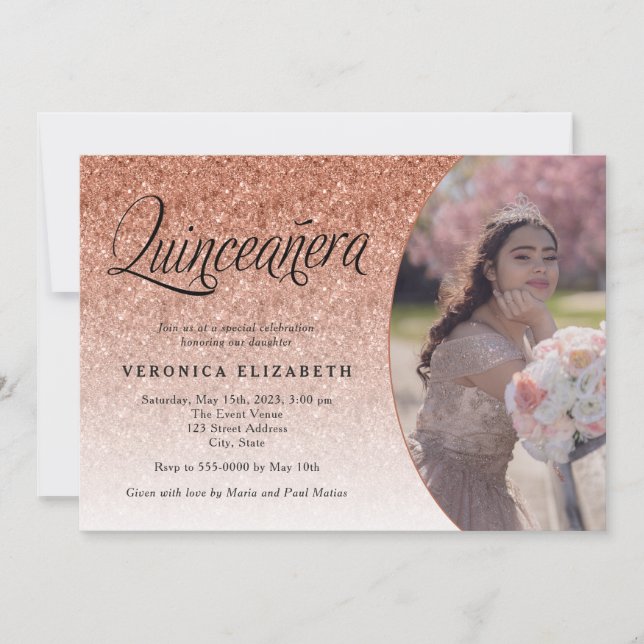 Quinceañera Birthday Ro Guld Glitter Photo Inbjudningar (Framsida)