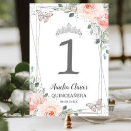 Quinceañera Birthday  Rosa Blommigt Butterflies Bordsnummer
