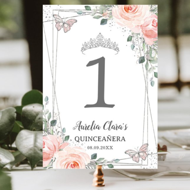 Quinceañera Birthday  Rosa Blommigt Butterflies Bordsnummer (Skapare uppladdad)