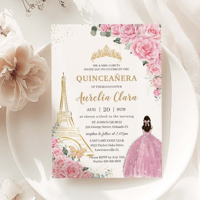 Quinceañera Birthday Rosa Blommigt Paris Eiffel Gu Inbjudningar (baby-pink-floral-roses-gold-eiffel-paris-princess-quinceanera-xv-sweet-16-birthday-invitation)