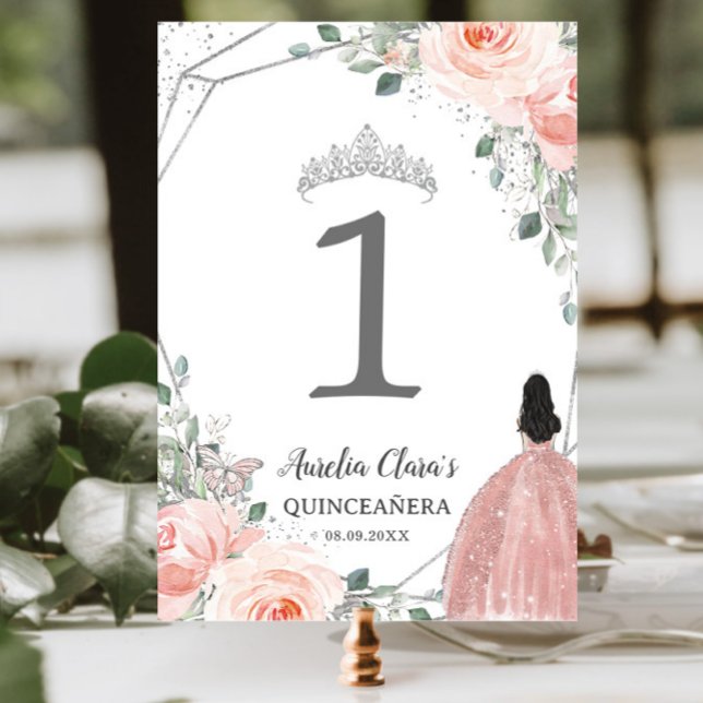 Quinceañera Birthday  Rosa Blommigt Princess Bordsnummer (Skapare uppladdad)
