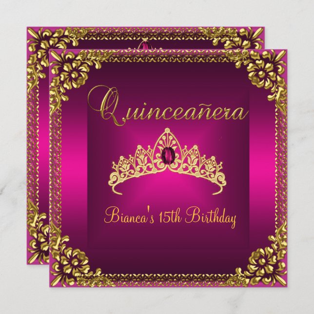 Quinceanera Birthday Rosa Tiara Guld Gem Jewel Inbjudningar (Fram/baksida)