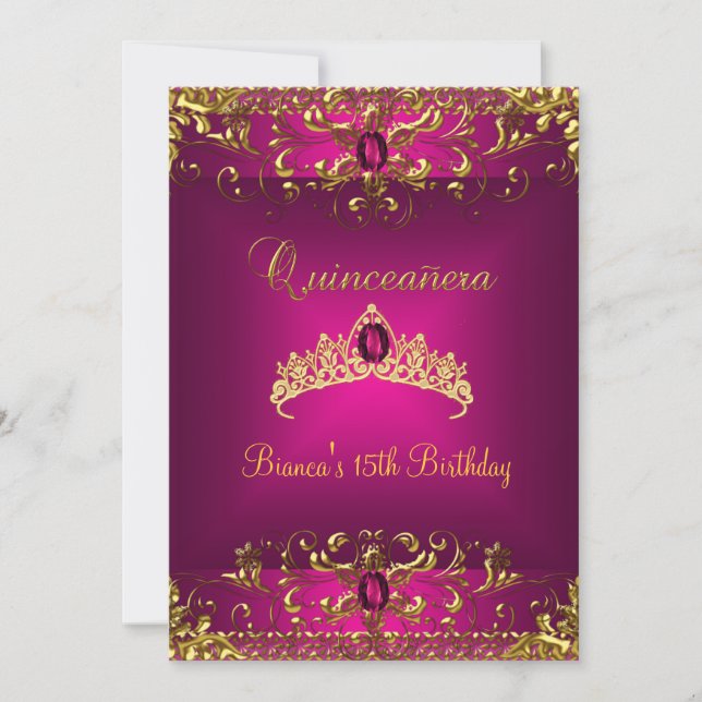 Quinceanera Birthday Rosa Tiara Guld Gem Jewel Inbjudningar (Framsida)