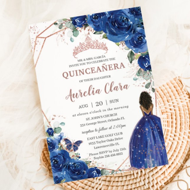 Quinceañera Birthday Royal Blue Blommigt Brown Gir Inbjudningar (Skapare uppladdad)