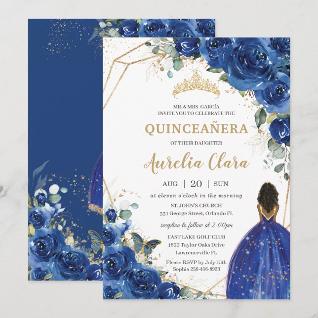 Quinceañera Birthday Royal Blue Blommigt Princess Inbjudningar (Fram/baksida)