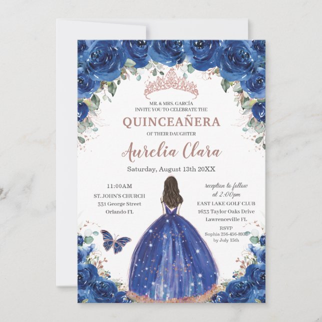 Quinceañera Birthday Royal Blue Blommigt Princess  Inbjudningar (Framsida)