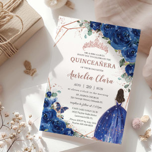 Quinceañera Birthday Royal Blue Blommigt Princess Inbjudningar