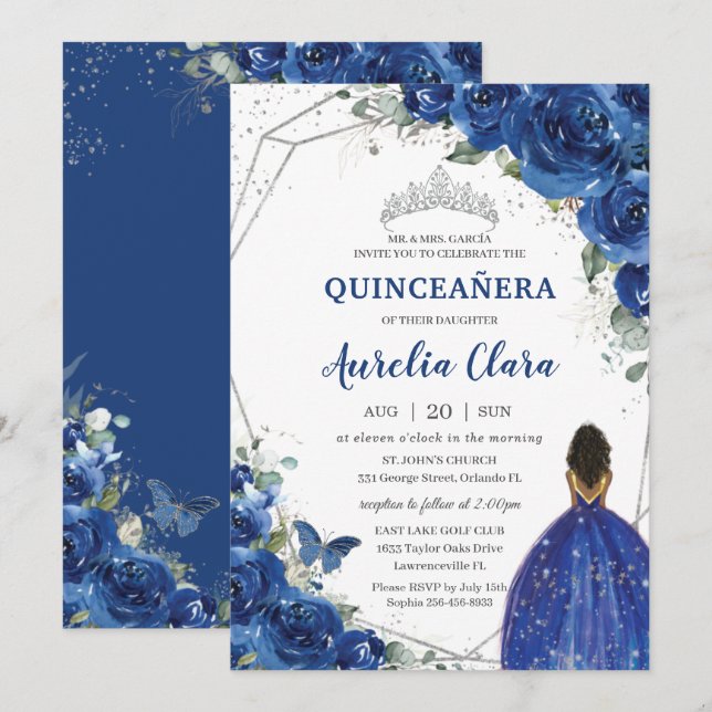 Quinceañera Birthday Royal Blue Blommigt Princess Inbjudningar (Fram/baksida)