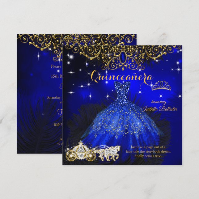 Quinceanera Birthday Royal Blue Fairytale Tiara Inbjudningar (Fram/baksida)