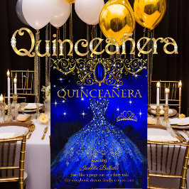 Quinceanera Birthday Royal Blue Feather Tiara Guld Inbjudningar